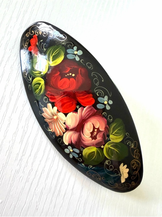 Russian classsigned artisan floral on black lacquer oval hair barrette 4x 1 3/4\